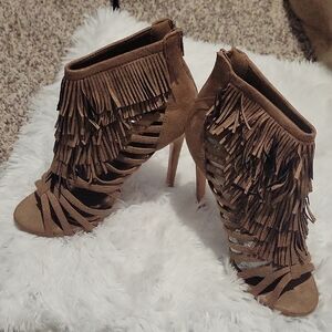 Fringe Suede Tan Heeled Sandals